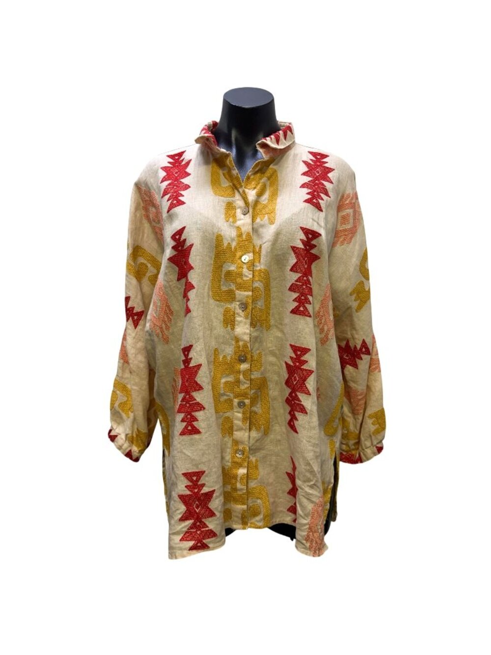 NWT John Mark Linen Embroidered Button-Down Blouse Cream Yellow Red Size L
